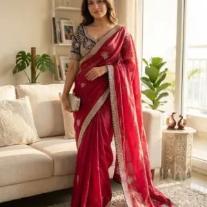Satin Embroidered Saree with Blouse