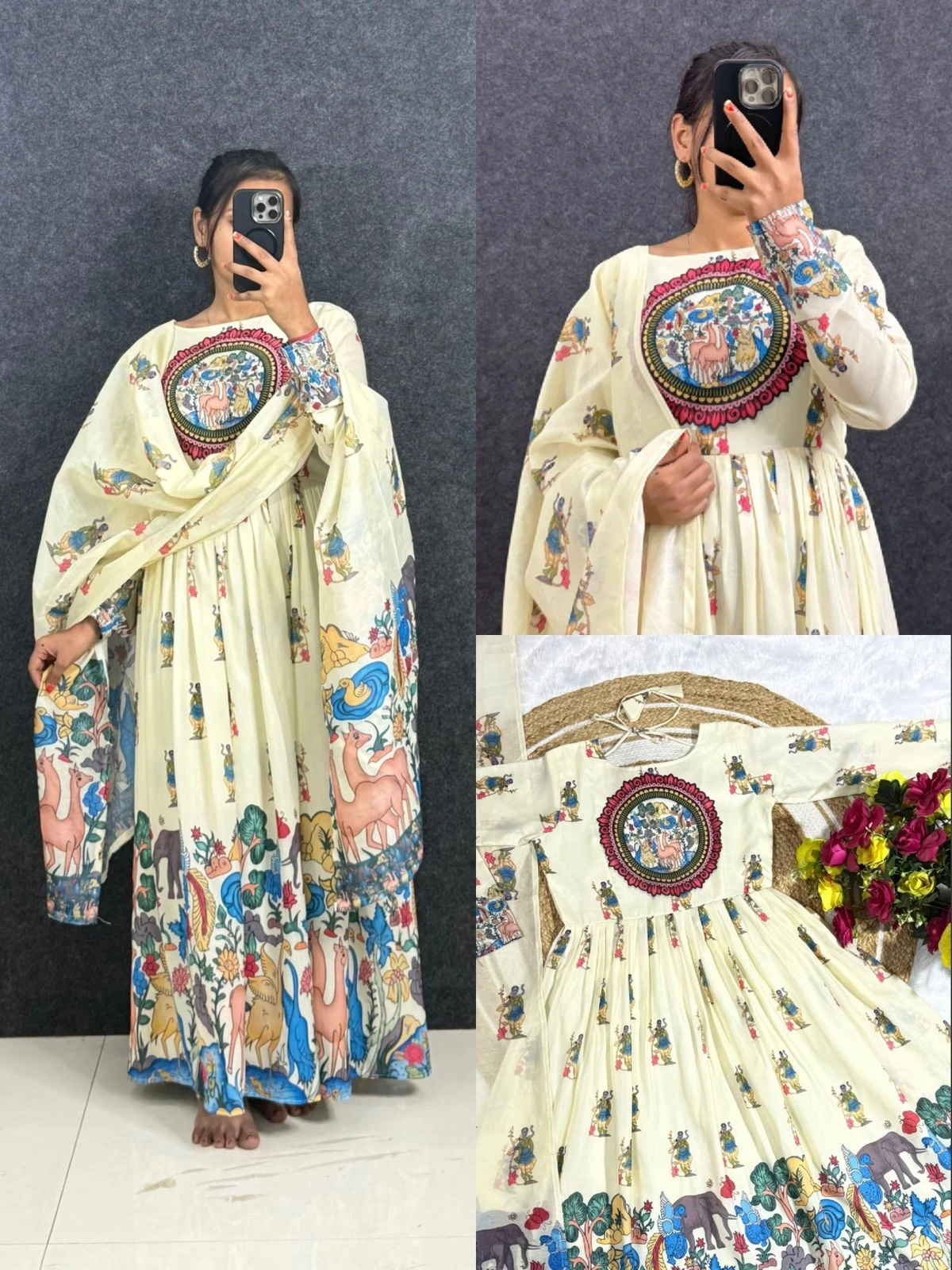 Cotton Venkatagiri Animal Print Anarkali Sets