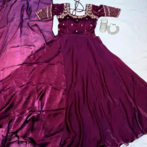 Luxurious Premium Fendy Satin Embroidery Work Gown With Dupatta