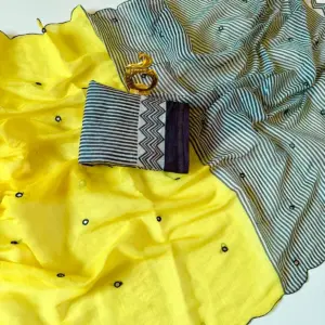 Trending Mirror Work linen cotton sarees with Attractive Digital prints