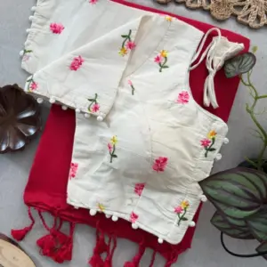 Insta Most Viral Khadi Cotton Sarees with Stitched Embroidery Blouse