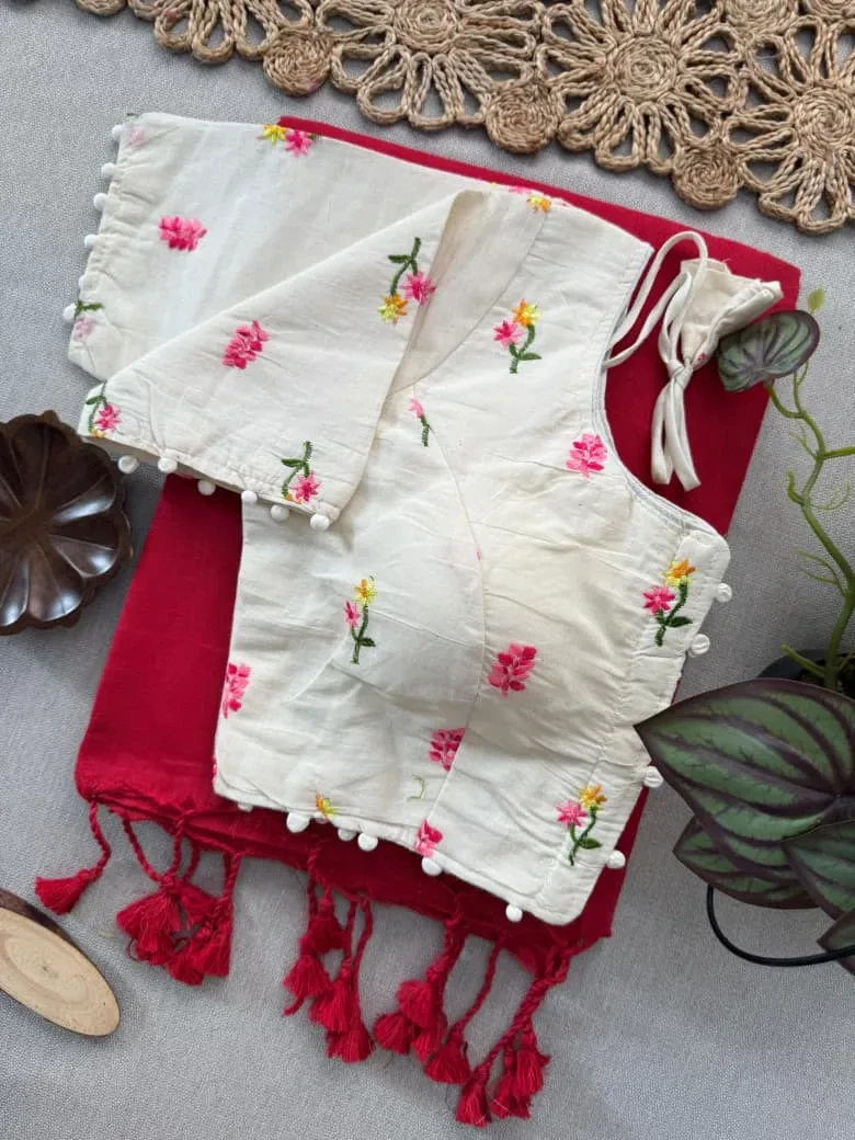 Insta Most Viral Khadi Cotton Sarees with Stitched Embroidery Blouse