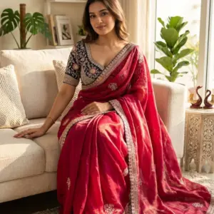 Satin Embroidered Saree with Blouse