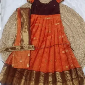 Premium Rust Orange Half Pattu Crepe Silk Gown For Little Princess
