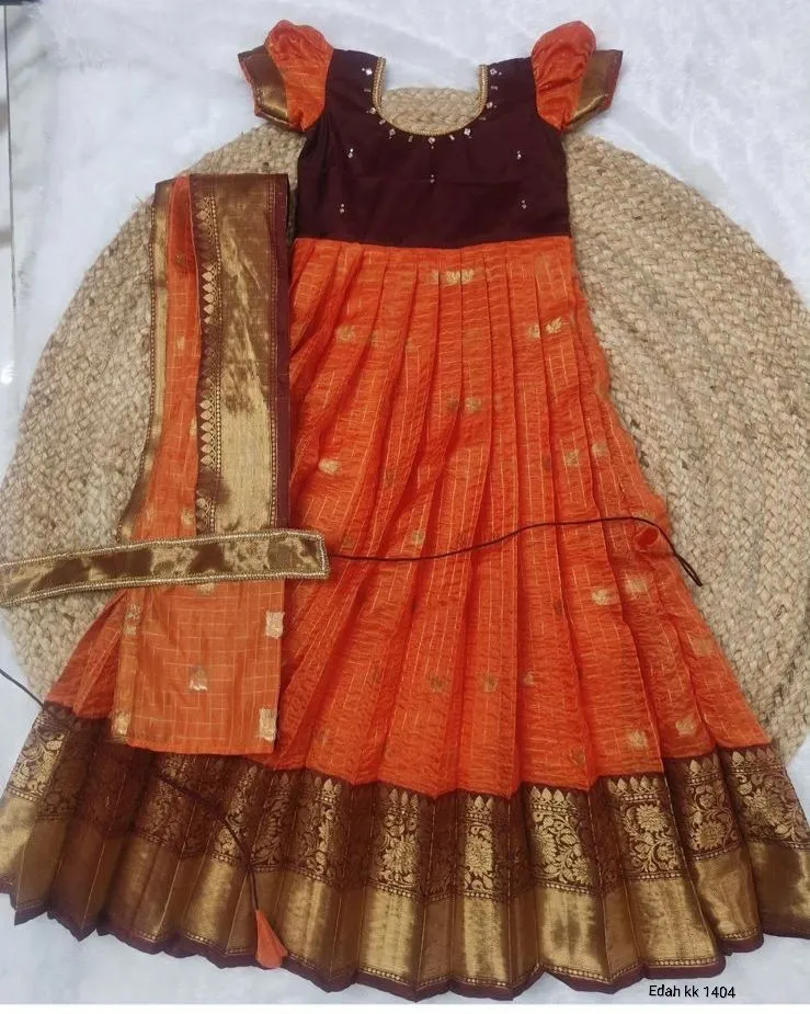 Premium Rust Orange Half Pattu Crepe Silk Gown For Little Princess