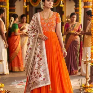 Top Trending Festival Collection. Beautiful Maggam Work Gown With Kalamkari Dupatta. A touch of glam