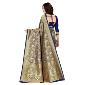 Women's Banarasi Silk Weaving Saree with Blouse – Navy Blue