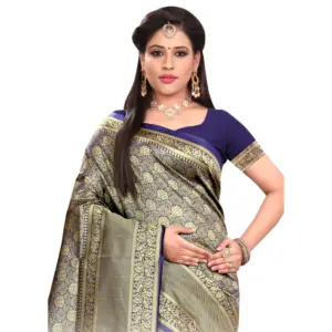 Women's Banarasi Silk Weaving Saree with Blouse – Navy Blue