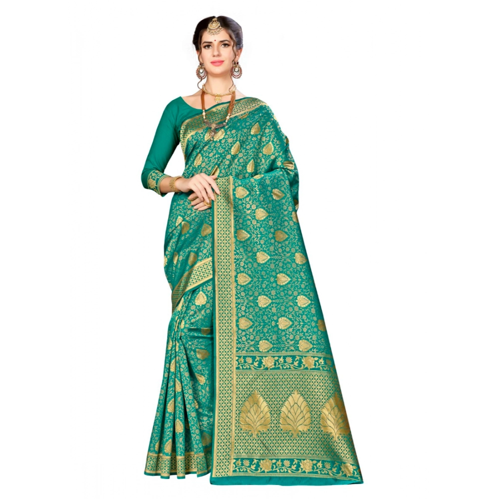 Women's Banarasi Silk Weaving Saree with Blouse – Green