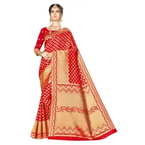 Women's Banarasi Silk Weaving Saree with Blouse – Red