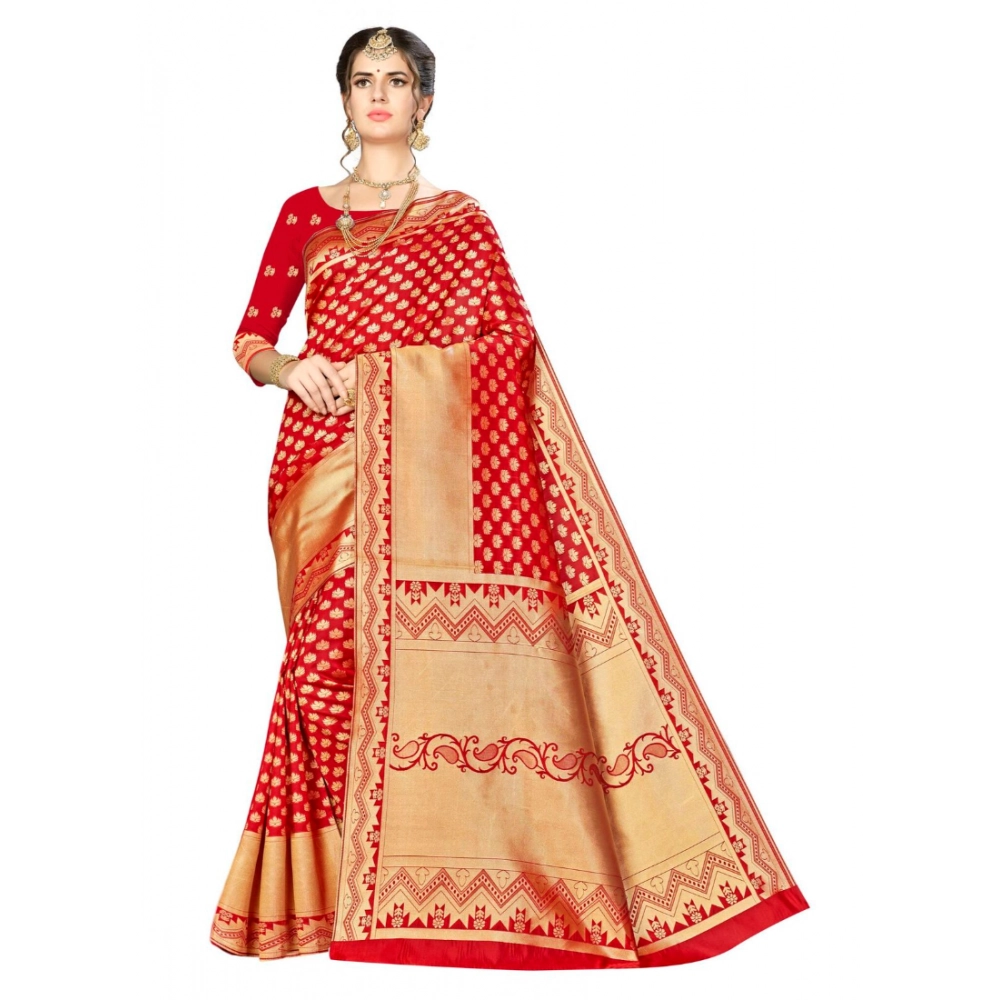 Women's Banarasi Silk Weaving Saree with Blouse – Red