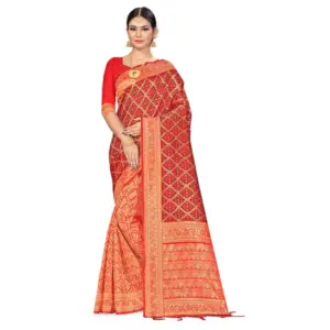 Women's Banarasi Silk Printed Saree with Blouse – Red,Black