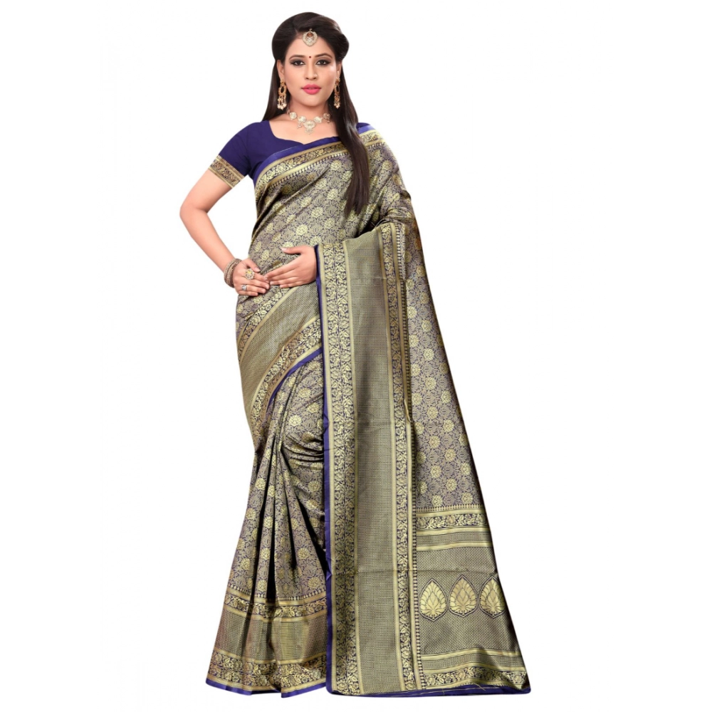 Women's Banarasi Silk Weaving Saree with Blouse – Navy Blue