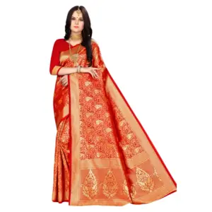 Women's Banarasi Silk Weaving Saree with Blouse – Red