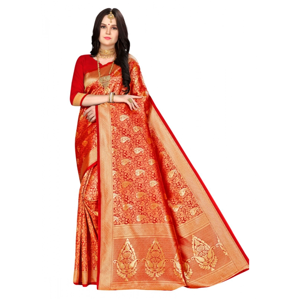 Women's Banarasi Silk Weaving Saree with Blouse – Red