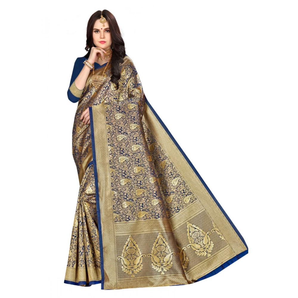 Women's Banarasi Silk Weaving Saree with Blouse – Navy Blue