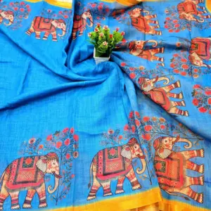 Soft Cotton Linen Saree with Elephant Print