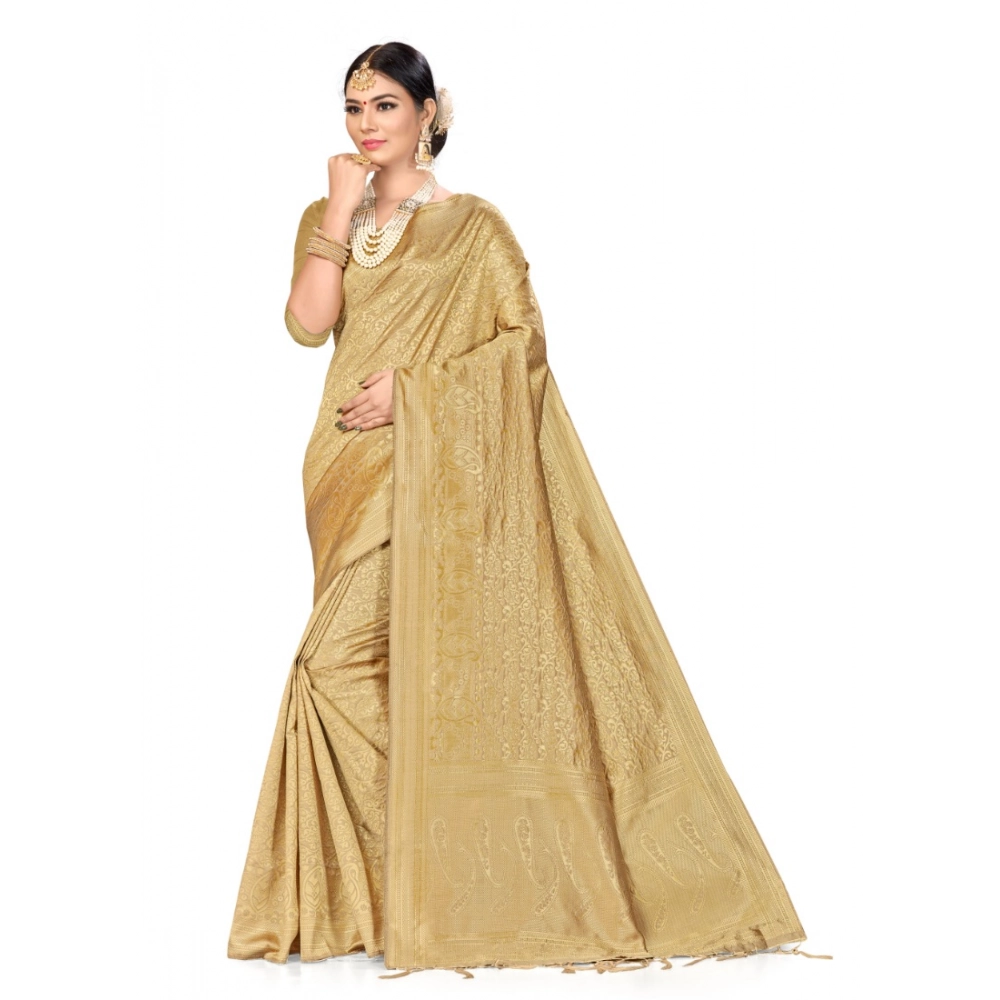 Women's Banarasi Silk Weaving Saree with Blouse – Cream