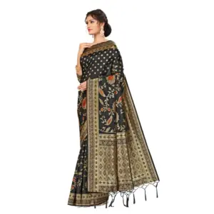 Women's Banarasi Silk Printed Saree with Blouse – Black