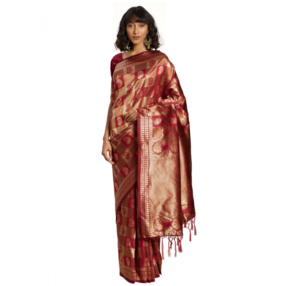 Women's Banarasi Silk Weaving Saree with Blouse – Red
