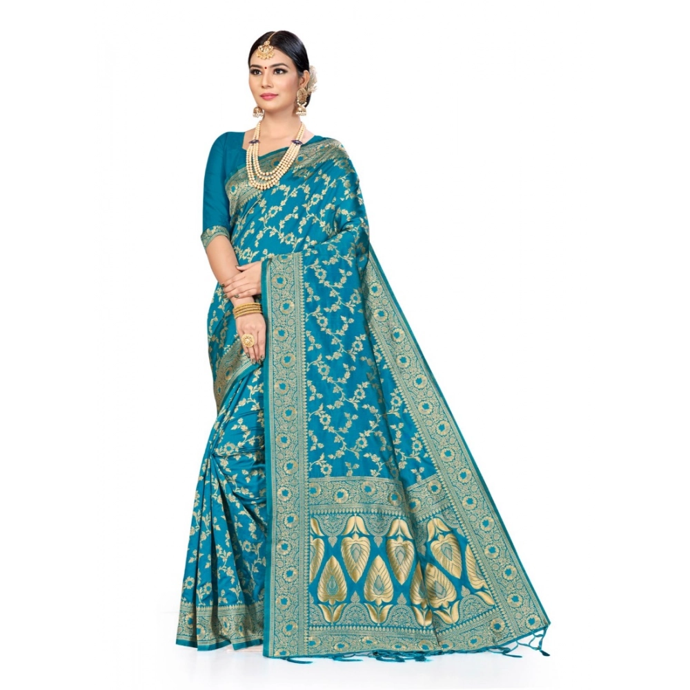 Women's Banarasi Silk Printed Saree with Blouse – Sky Blue