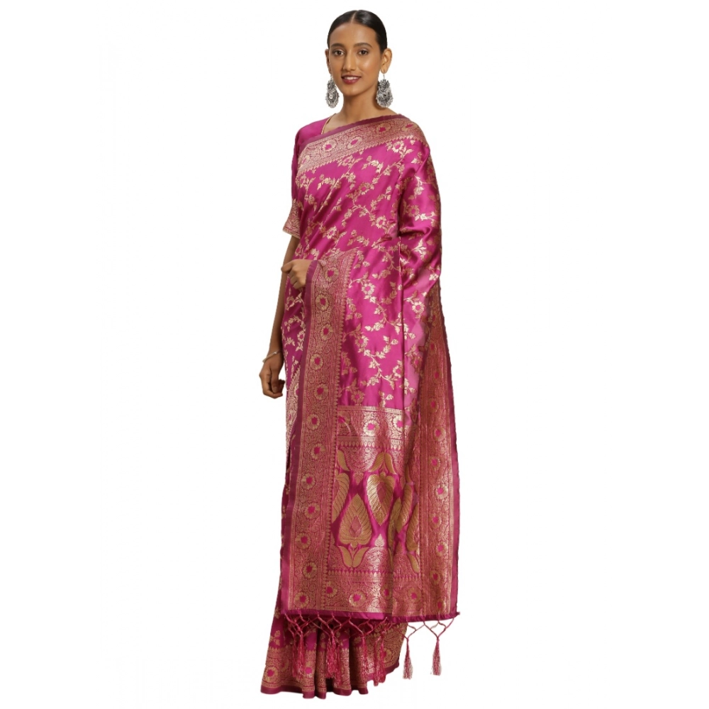 Women's Banarasi Silk Printed Saree with Blouse – Pink