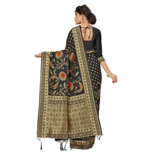 Women's Banarasi Silk Printed Saree with Blouse – Black