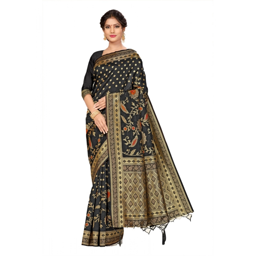 Women's Banarasi Silk Printed Saree with Blouse – Black
