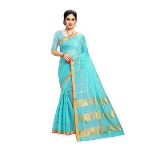 Women's Kota Doria Cotton Striped Saree with Blouse – Sky Blue