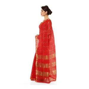 Women's Kota Doria Cotton Striped Saree with Blouse – Red