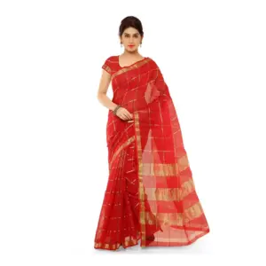 Women's Kota Doria Cotton Striped Saree with Blouse – Red