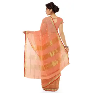 Women's Kota Doria Cotton Striped Saree with Blouse – Peach