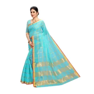 Women's Kota Doria Cotton Striped Saree with Blouse – Sky Blue