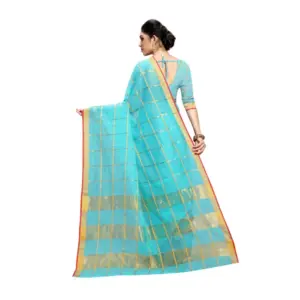 Women's Kota Doria Cotton Striped Saree with Blouse – Sky Blue