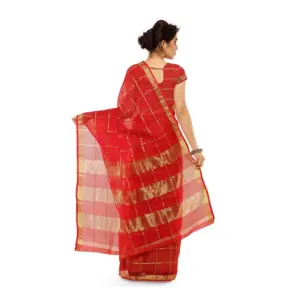 Women's Kota Doria Cotton Striped Saree with Blouse – Red