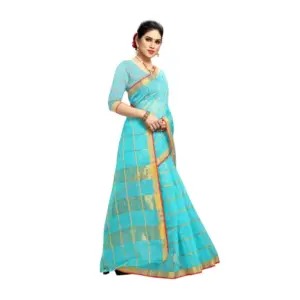 Women's Kota Doria Cotton Striped Saree with Blouse – Sky Blue