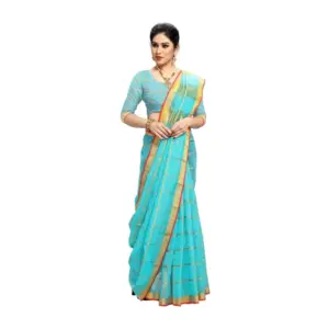Women's Kota Doria Cotton Striped Saree with Blouse – Sky Blue
