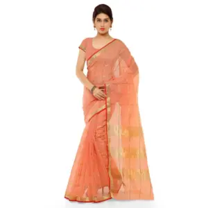 Women's Kota Doria Cotton Striped Saree with Blouse – Peach