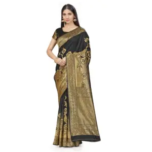 Women's Banarasi Silk Printed Saree with Blouse – Black