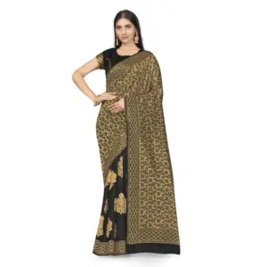Women's Banarasi Silk Printed Saree with Blouse – Black