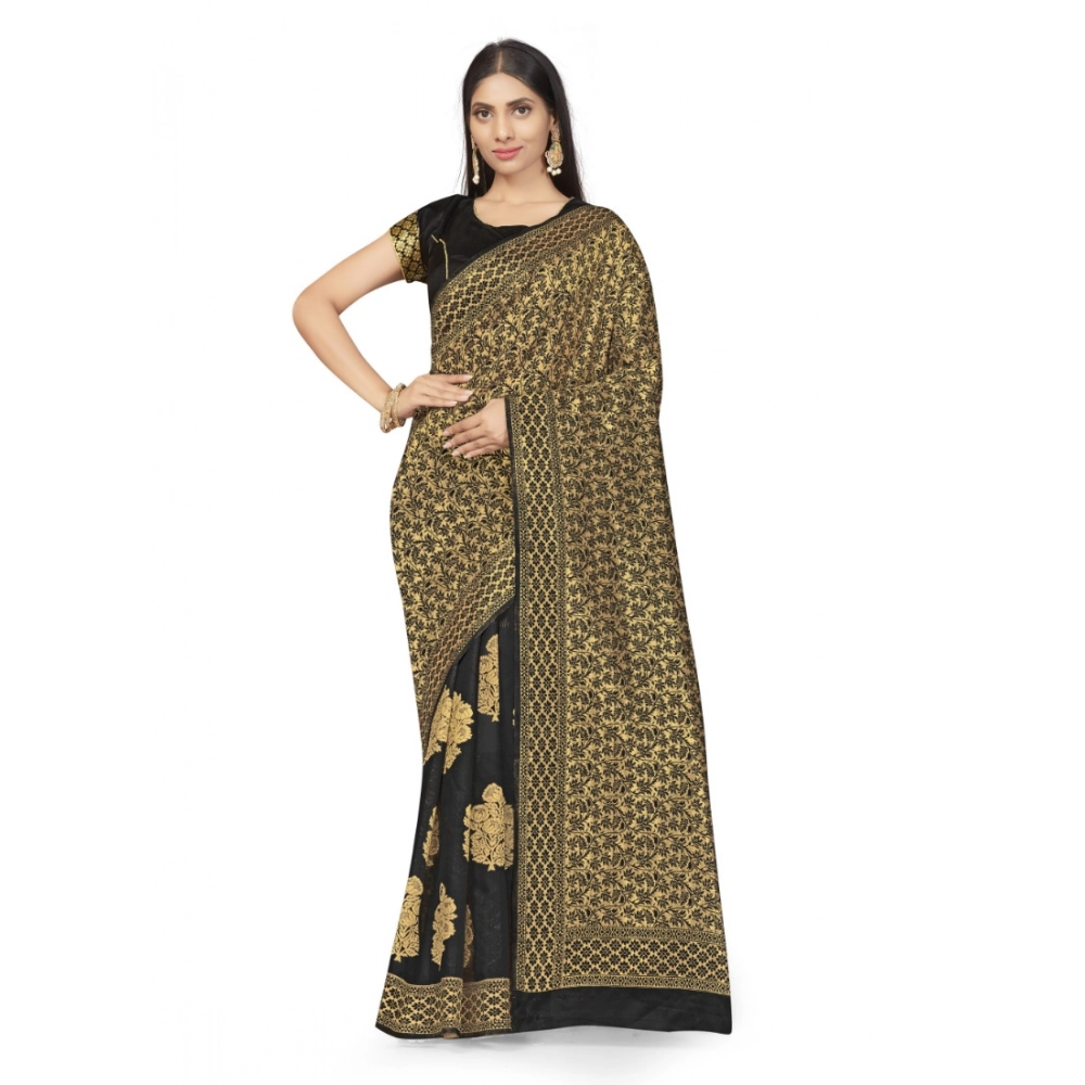 Women's Banarasi Silk Printed Saree with Blouse – Black