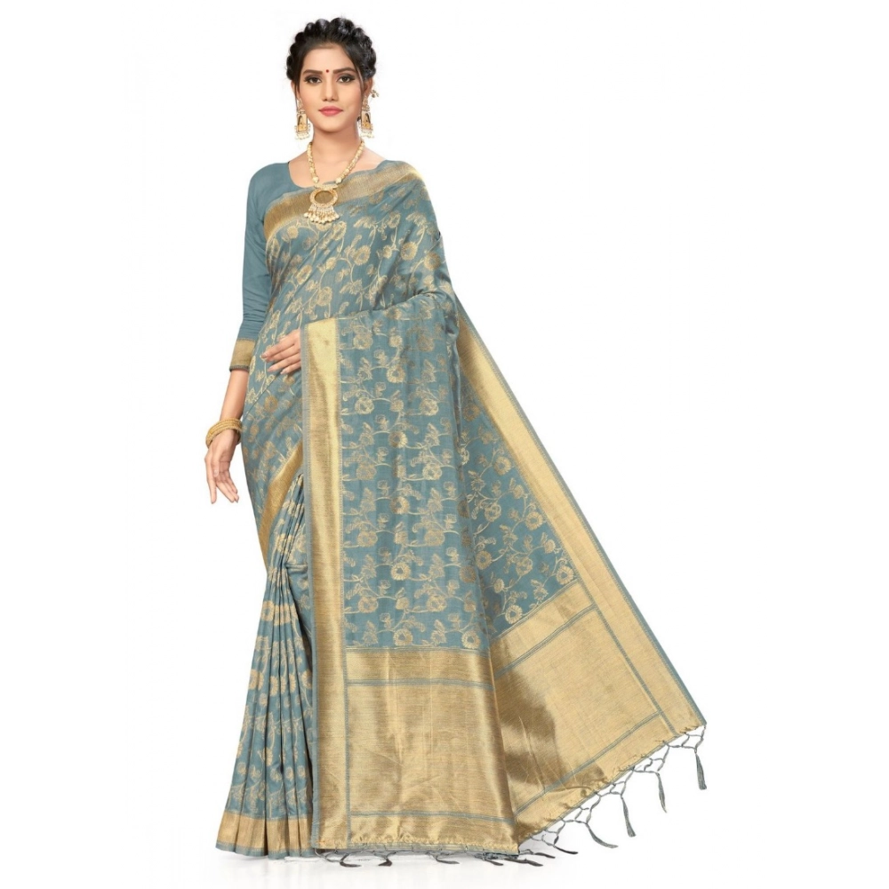 Women's Banarasi (Spun Cotton) Printed Saree with Blouse – Grey