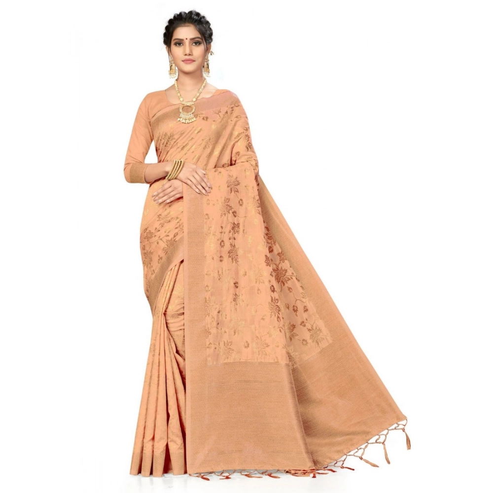 Women's Banarasi (Spun Cotton) Printed Saree with Blouse – Beige