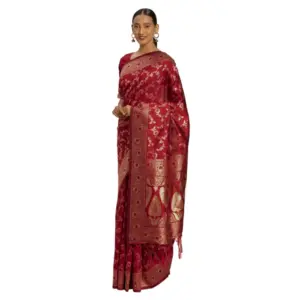 Women's Banarasi Silk Printed Saree with Blouse – Red