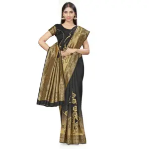 Women's Banarasi Silk Printed Saree with Blouse – Black
