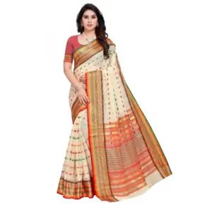 Women's Kota Doria Cotton Printed Saree with Blouse – Cream