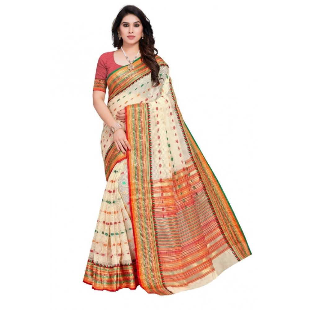 Women's Kota Doria Cotton Printed Saree with Blouse – Cream
