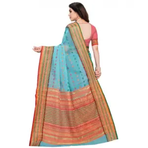 Women's Kota Doria Cotton Printed Saree with Blouse – Sky Blue