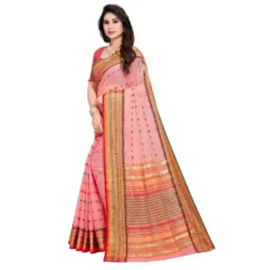 Women's Kota Doria Cotton Printed Saree with Blouse – Pink