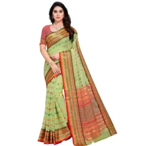 Women's Kota Doria Cotton Printed Saree with Blouse – Light Green